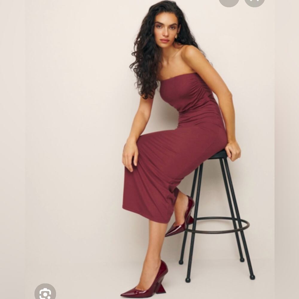 Reformation Strapless Midi Dress in Deep Wine